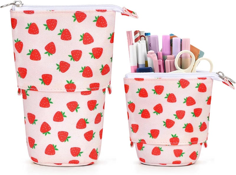KPX Cute Standing Pencil Case Pen Holder for Kids, Pop Up Stand UP Bubble Tea Pen Organizer Kawaii Stationary for Christmas Holiday New Year Office (Strawberry) - Image 1